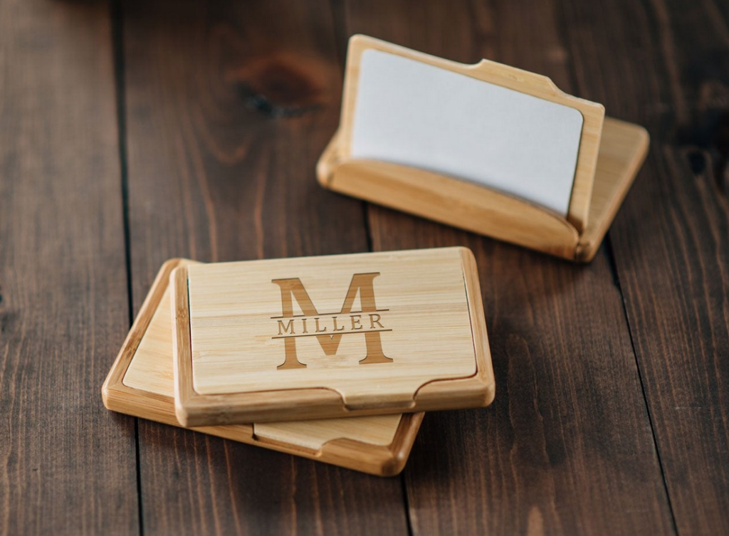 Wooden business card holder with personalized engraving